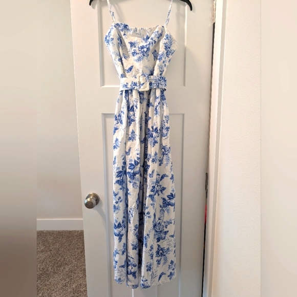 & Other Stories Belted Linen Midi Dress Blue White Floral Small Size 6 Sundress - Picture 3 of 7